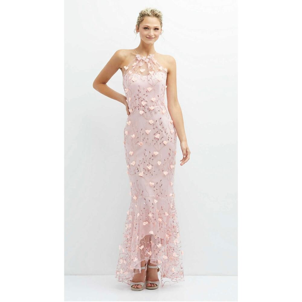 NWT! After Six 3137 Sheer Halter Neck 3D Rose Floral  Dress High-Low Hem 6